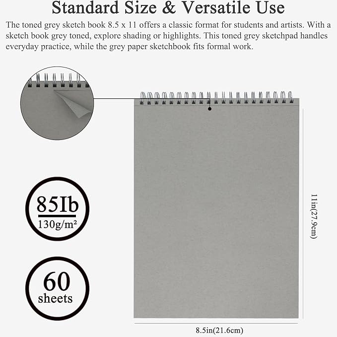 Fuxi Toned Gray Sketchbook 8.5x11, 60 Sheets (85lb/150gsm) Spiral Bound, Hardcover, Artist Sketch Pads for Drawing for Adults with Pencil, Charcoal, Colored Pencils for Artists & Students, Classroom.