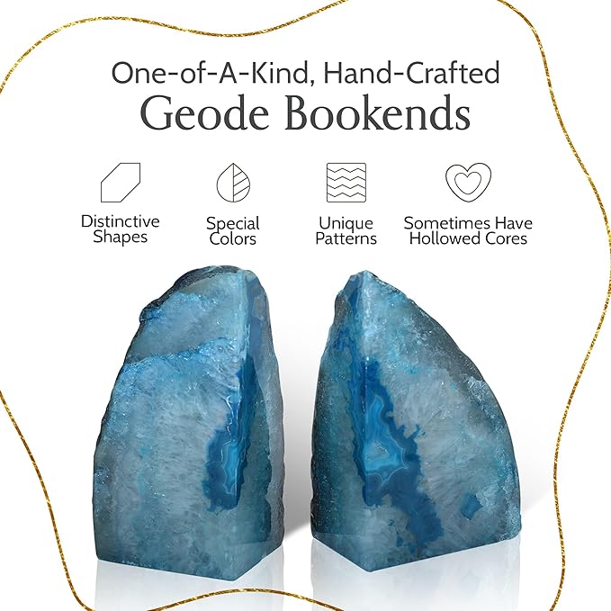Nature's Decorations Agate Bookends - A Quality Teal Geode with Non-Skid Rubber Bumpers for Shelves, Office, Home Decor - Heavy Duty Cool Crystal Stone (4-6 LB)