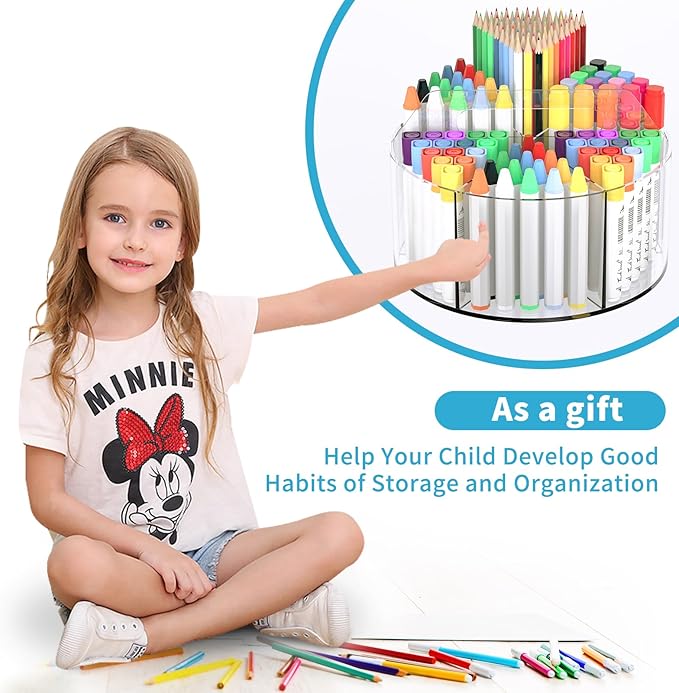Acrylic Desk Organizer Clear Pen Holder 2 Packs, 360 Degree Pencil Holder for Desk Kids, Rotating Lazy Susan Organizer for School Supplies, Marker Holder Art Supply Storage Organizer with Dividers
