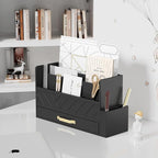WISUCART Bamboo Desk Organizer Mail Holder Countertop Wood Desk Drawer Tabletop Storage Box Pen Holder Letter Sorter Makeup Organizer for School Home Office Supplies with Pen Holder Black