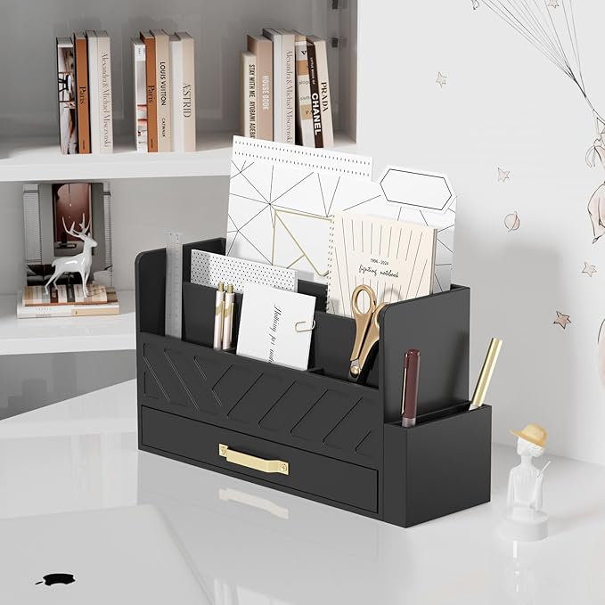 WISUCART Bamboo Desk Organizer Mail Holder Countertop Wood Desk Drawer Tabletop Storage Box Pen Holder Letter Sorter Makeup Organizer for School Home Office Supplies with Pen Holder Black