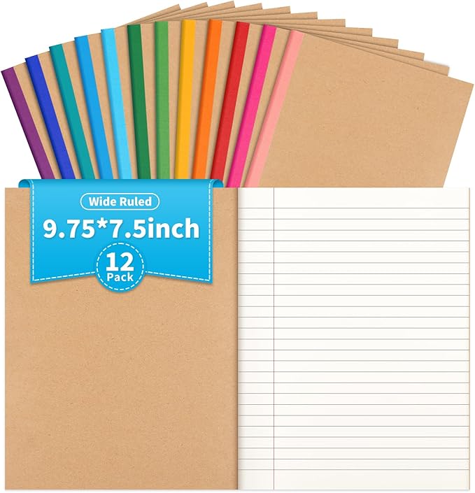 12 Pack Composition Notebook Journals Bulk, 7-1/2" x 9-3/4", Wide Ruled Paper, 30 Sheets/60 Pages, Kraft Cover with Rainbow Spines, 12 Colors School Lined Notebook Journal for Work Study Note Taking