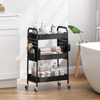 KINGRACK 3 Tier Rolling Cart with DIY Hanging Board, Metal Rolling Utility Cart with Wheels Handles Baskets Hooks, Rolling Storage Cart Suitable for Bathroom, Kitchen, Office, Nursery Diaper (Black)