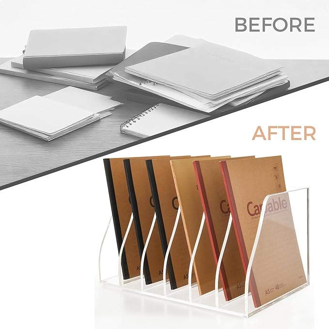 AIMOLLY Acrylic Magazine File Holder, 6 Vertical Compartments Desk Document Sorter Organizer, Clear Folder Rack Binder for Office/Home/Classroom, for Documents, Tablet, Magazines, Books & Accessories