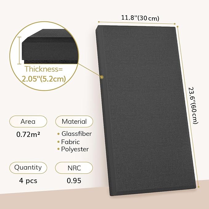 TONOR 4 PCS Large Acoustic Panel, 23.6″ * 11.8″ * 2.05″ 3D Fiberglass Sound Proof Panel with Full Self-adhesive, Decorative Echo Absorbing Wall Panel, for Studio, Living Room, Home, Office, Black