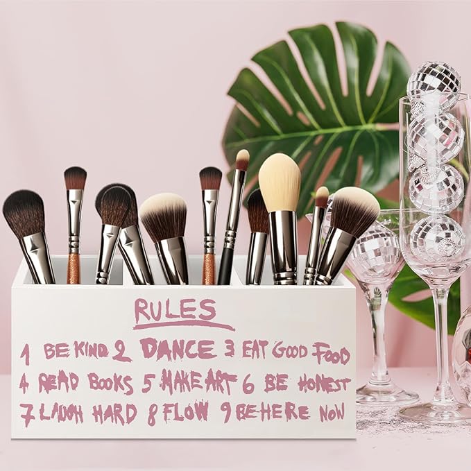 URLLUAE Inspirational Pink Rules Makeup Brush Toothbrush Holder Organizer for Dorm Bathroom Vanity, Trendy Preppy Pink Girly Wooden Pen Pencil Holder for Desk Accessories