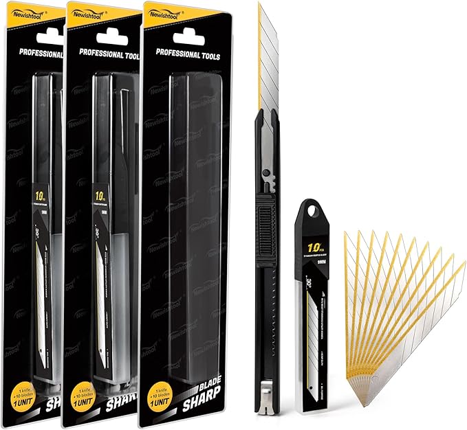 NEWISHTOOL 3 Pack Utility Knife Box Cutter Retractable, Titanium Coating Edge 9mm Wide Snap-Off Blades, Razor Knife Craft Knives with Extra Ti-Blades for Office, Cutting Paper, Film,Wrapping, Carboard