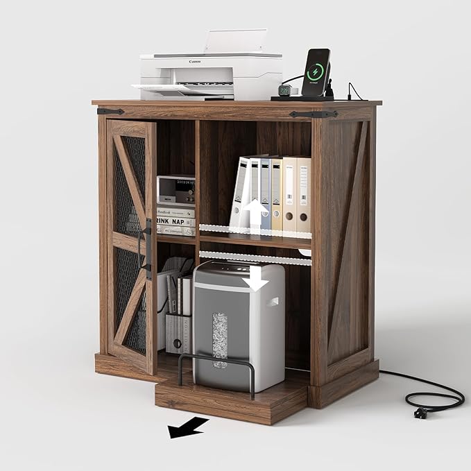 JOINICE,Printer Stand with Storage,File Cabinet with Socket and USB Charging Port,Farmhouse Paper Shredder Stand Rack with Slide-Out Shelf,Walnut