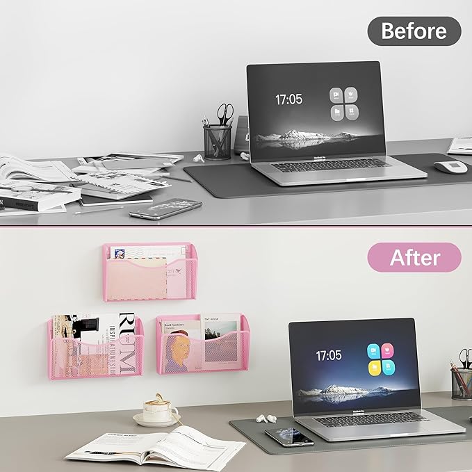 EasyPAG 3 Single Pocket Wall File Organizer, Mesh Hanging File Folder Organizer for Letter/A4 Size Folders, Wall Mounted Vertical Mail Holder for Paperwork, Office, Home, School, Pink