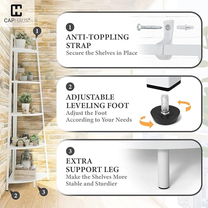 CAPHAUS Tall Corner Shelf Stand, 6-Tier Display Shelves, Ladder Corner Wood Storage Plant Bookshelf with Metal Frame, Versatile Shelving Unit Bookcase for Home Office Space, White