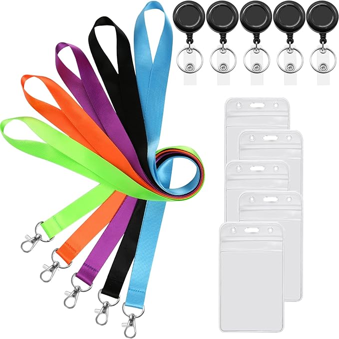 YOUOWO 5 Pack 5Colours Lanyards with Vertical ID Badges Holder and Retractable Badge Reels,Neck Lanyard,for Keys Women Teacher Men