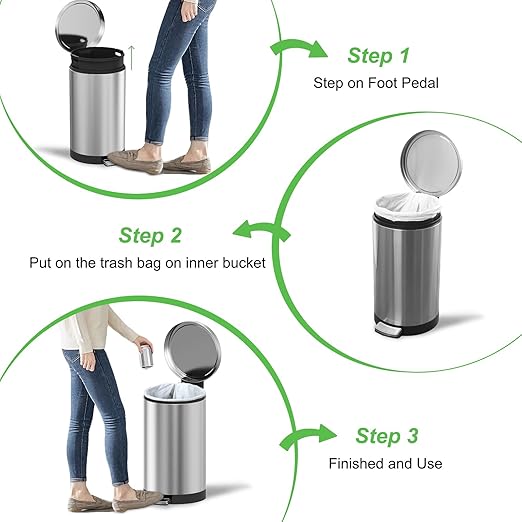 SIMPLYKLEEN Trash Can with Lid - 30 Liter/8 Gallon Round Stainless Steel Trash Can with Odor Protection Kitchen Garbage Cans with Soft-Close Foot Pedal Step Bin for Bathroom Home Kitchen Office