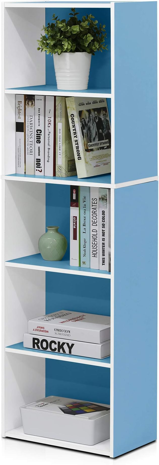 Furinno LUDER Book Shelf, 5-Cube Bookshelf, Bookcase with Open Shelf, 9.4 x 15.8 x 52, for Living Room, Bedroom, Home Office, White/Light Blue