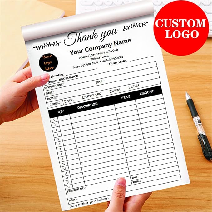Custom Invoice Book in 3-Part /2-Part Receipt Book with Carbon Copies Personalized Carbonless Service Invoice Form Books Sales Order Book with Company Name Logo Address,C1-Thank You Receipt