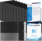 Henoyso 12 Pcs 3 Ring 1.5 Inch Binders Fits 8.5 x 11 Inch Letter Size Paper, Plastic Black Flexible Binders with View Cover and 2 Pockets, 275 Sheets Capacity for Office School