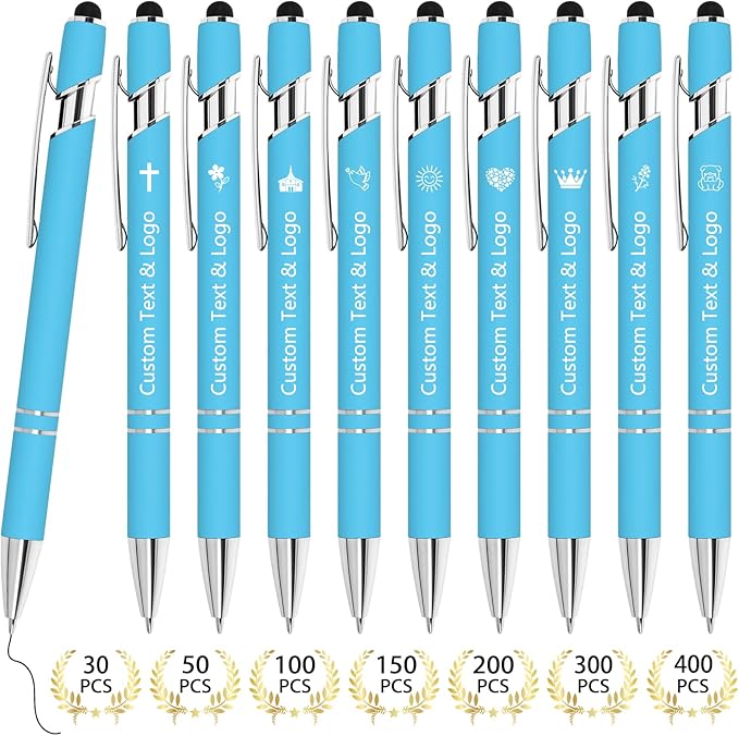 WYPAS Bulk Custom Pens - Personalized with Name, Engraved Text/Logo - Stylus Tip, Black Ink - Options for Corporate Gatherings, Events & Promotions (Lake blue)