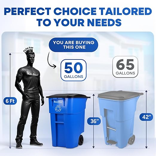 Plastic Prince 50 Gallon Trash Can with Lid Rollout Recycling Bin Large Outdoor, Commercial Heavy-Duty Container with Wheels, Blue