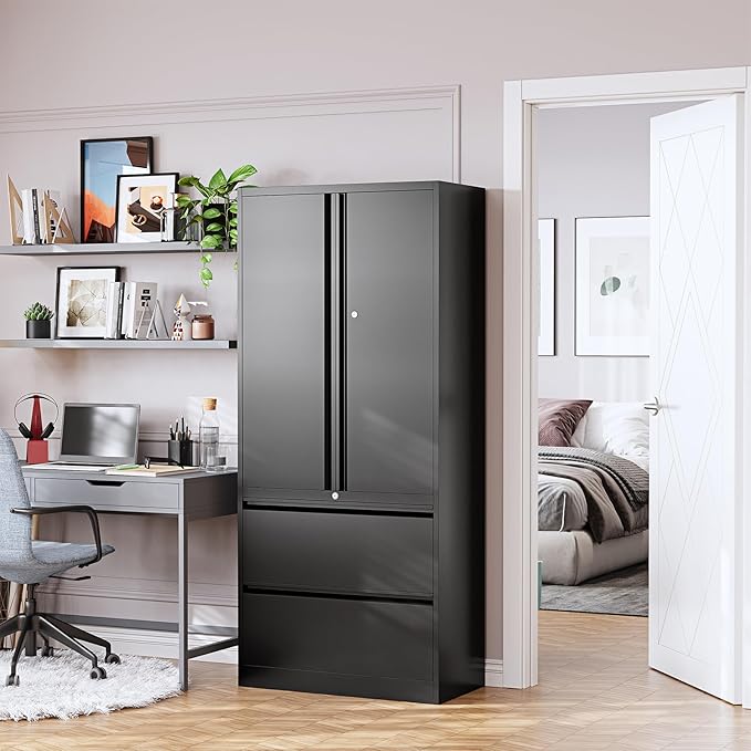 PEUKC 2-Drawer Metal File Cabinet, Lateral Vertical Filing Cabinets for Home Office, Locking File Cabinet with Storage Shelves, Legal/Letter/A4 Size Office File Cabinets (Black, Assemble Required)