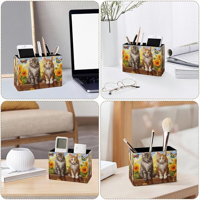 Famame Cute Vintage Cats Sunflower Fence Pencil Holder for Desk, Leather Desktop Container Pen Cup Storage Study Table Pen Organizer Makeup Brush Holder for Classroom Office Home