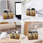 Famame Cute Vintage Cats Sunflower Fence Pencil Holder for Desk, Leather Desktop Container Pen Cup Storage Study Table Pen Organizer Makeup Brush Holder for Classroom Office Home