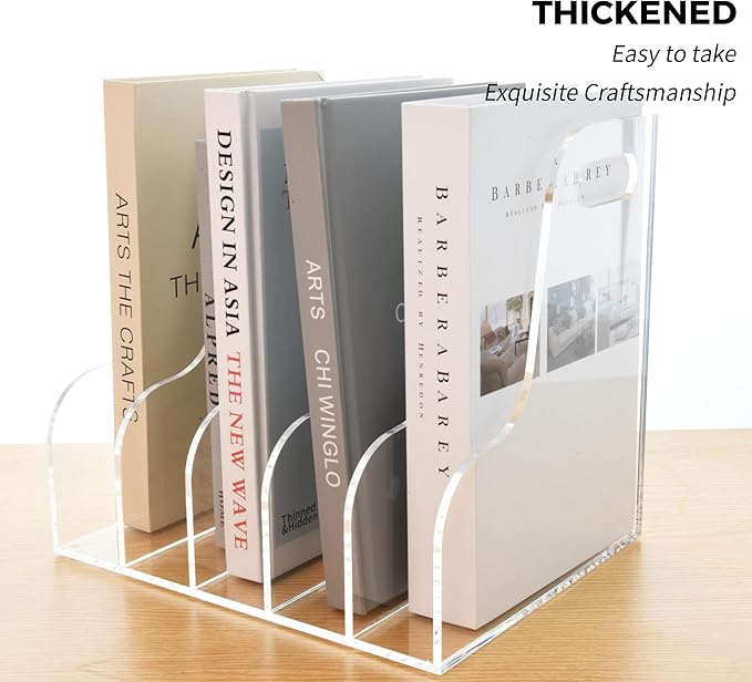 AIMOLLY 5 Vertical Compartments File Holder, Clear Acrylic Desk Organizer and Storage Bins Holding for Magazines, Binders, Notebooks, Envelopes, Multi-purpose Document Organizer for Home Office