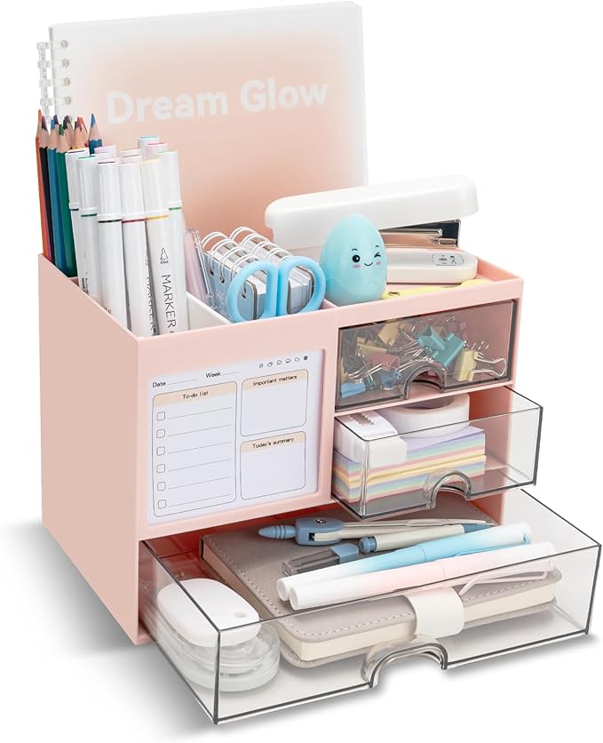QIYVLOS Multi-Functional Desk Organizer with 3 Drawer and 8 Compartments, Pink