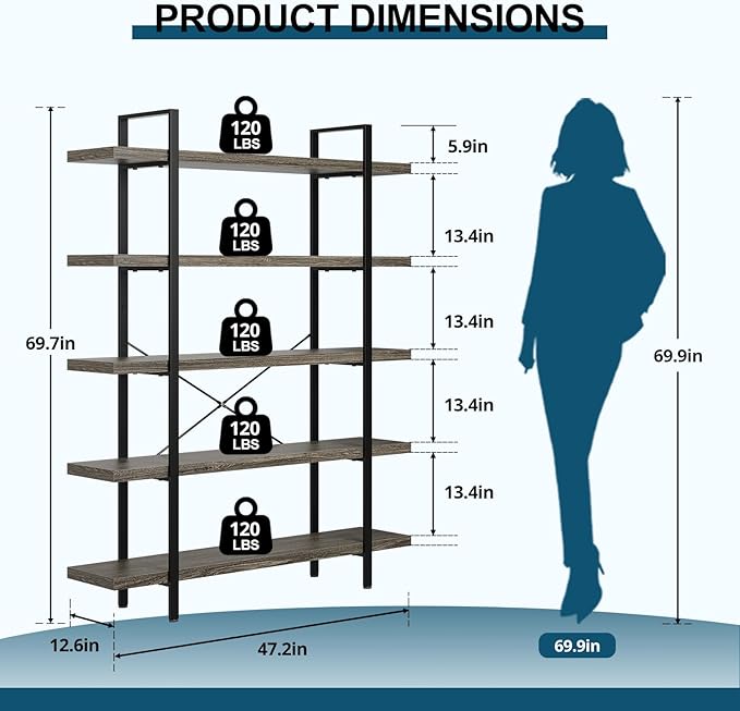FURSUN Heavy Duty 5 Tier Bookcase, 70-in Tall Industrial Modern Large Bookshelf, Wood Farmhouse Bookcases Book Shelves and Metal Frame for Office, Bedroom, Living Room, Grey