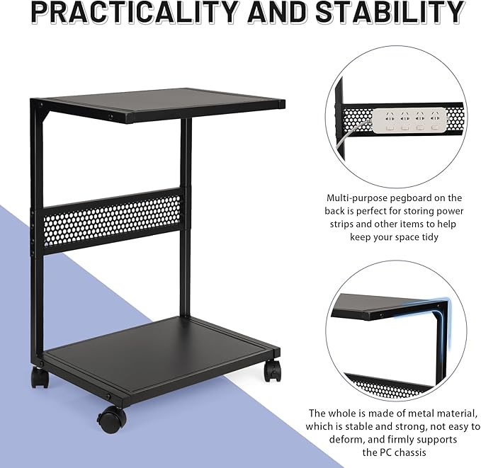 Bfttlity PC Stand Computer Tower Stand 2-Tier Metal CPU Holder with Locking Caster Wheels Suitable for Most PC (S,Black)