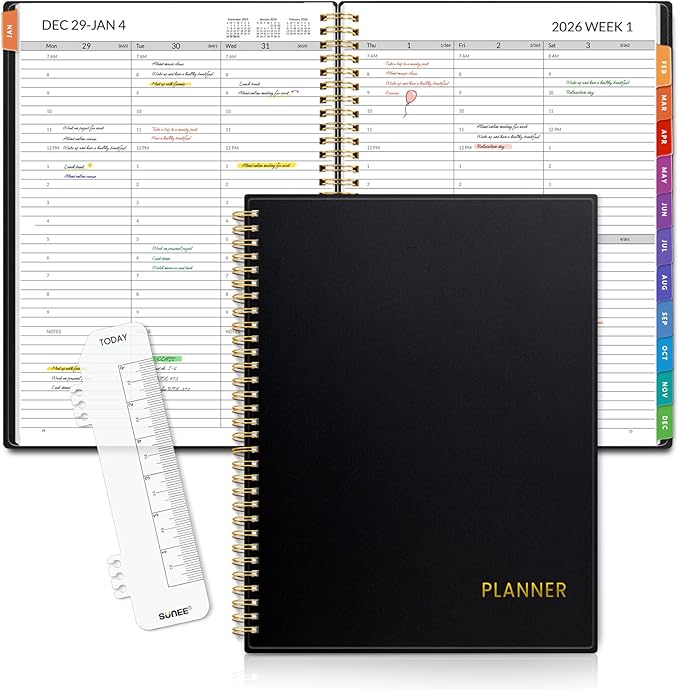 SUNEE 2026 Appointment Book, 2026 Hourly Planner 8.5" x 11", Hourly, Weekly & Monthly Planner - from January 2026 - December 2026, Flexible Cover, Note Page, Pocket, Bookmark, Black