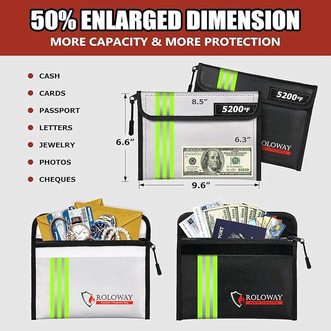 ROLOWAY Fireproof Bag (9.6 x 6.6 inches) 5200℉ Heat Insulated with Reflective Strip, Fireproof Money Bag with Zipper for Cash (2-Pack)
