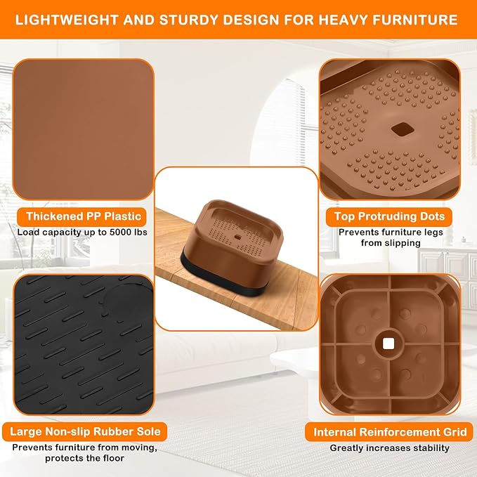 shouwuhho 32 Pack Furniture Risers Adjustable Bed Risers Heavy Duty Lifts Height 1", Square Stackable Bed Risers 1, 2 or 3 Inch for Desk Leg Table Couch Sofa Chair Bed Frame Legs Dorm, Brown