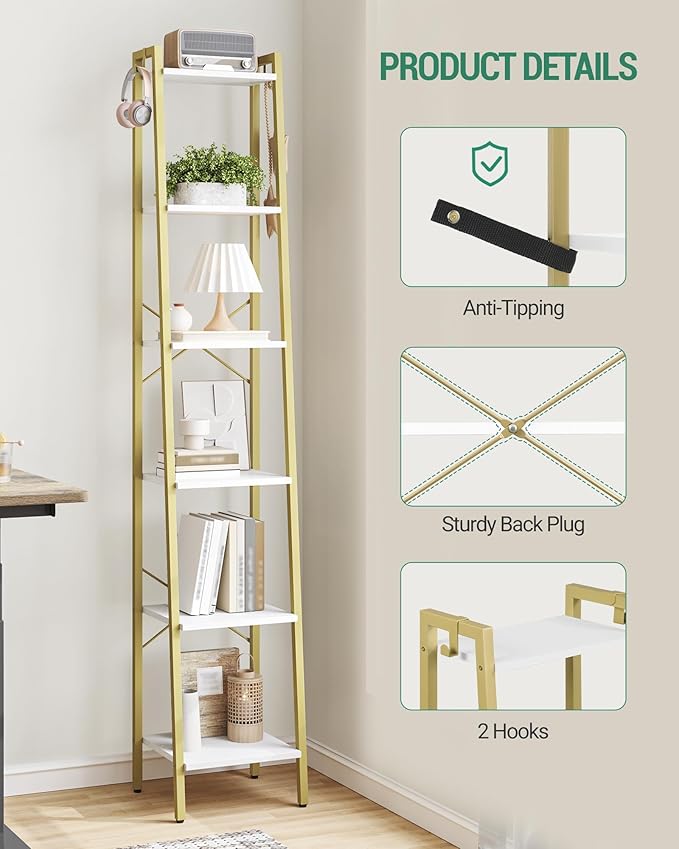 Hzuaneri Ladder Shelf, Bookshelf Bookcase, Freestanding Corner Storage Shelve with 2 Hooks for Home Office, Living Room, Kitchen, Bedroom, Industrial, 11.8" D x 13.4" W x 72.8" H,White Gold BC13313G