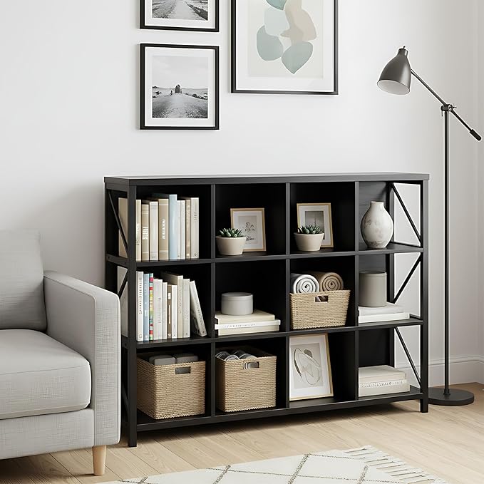 VAKATRELL 12 Cube Storage Organizer Bookshelf, Industrial Horizontal Bookcase, Accent Cubby Shelf, Corner Bookcase for Living Room, Home Office, 11.8" D x 47.6" W x 38.2" H, Black