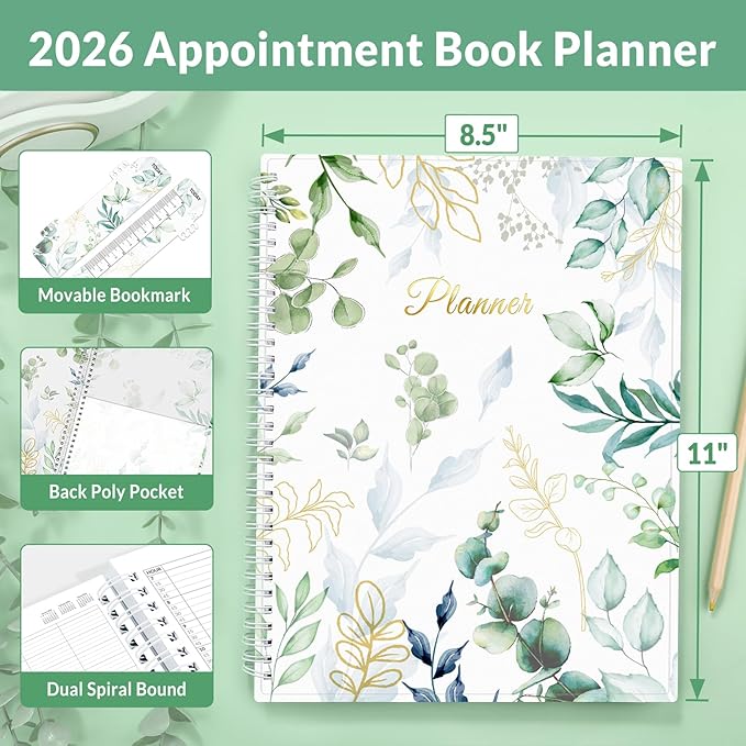 SUNEE 2026 Daily Planner,4-Person Group Appointment Book with Quarter-Hourly Layout. Weekly & One-Page-Per-Day Format, Jan to Dec 2026, 8.5"x11",Weekly Planner, Flexible Cover, Note Pages, Bookmark, Black,Greenery