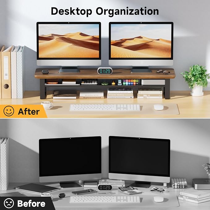 NestNeat Dual Monitor Stand, 35.4 Inch Monitor Stand Riser for 2 Monitors, 2 Tiers Wood Desk Shelf with Storage, Desktop Organizer Stand for Computer, Laptop, Printer, TV (Black Walnut, 35.4in)