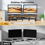 NestNeat Dual Monitor Stand, 35.4 Inch Monitor Stand Riser for 2 Monitors, 2 Tiers Wood Desk Shelf with Storage, Desktop Organizer Stand for Computer, Laptop, Printer, TV (Black Walnut, 35.4in)