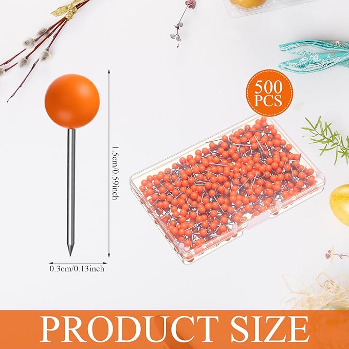 WILLBOND 500 Pack Map Push Pins Map Tacks Small Round Head Push Pins Thumb Tacks for Travel Picture Photo Bulletin Board Wall DIY Craft School Office Home(Orange,1/6 Inch)