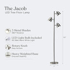 Brightech Jacob LED Standing Lamp, Modern Bright Floor Lamps for Living Rooms & Bedrooms, Tall LED Lighting Lamp with Adjustable 3 Light Tree – Satin Nickel
