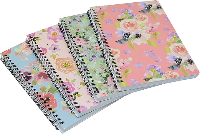 Yansanido Spiral Notebook, 4 Pcs A5 Thick Flower Design Hardcover 8mm Ruled 4 Color 80 Sheets -160 Pages Journals for Study and Notes (flower)