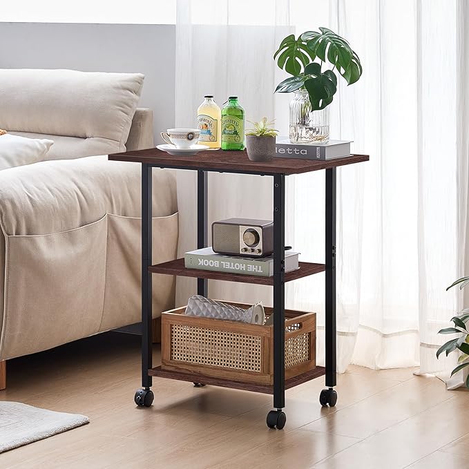 Lerliuo 3-Tier Printer Stand, Industrial Mobile Printer Table with Storage Shelf and Steel Frame, Rolling Printer Cart Holder with Lockable Wheels for Home, Office (Walnut)