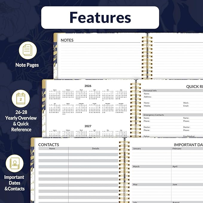 SUNEE 2026 Weekly and Monthly Planner - from January 2026 - December 2026, Daily Agenda Planner with Monthly Tab, Flexible Cover, Note Pages, Pockets, Bookmark, Spiral Binding, Vintage Floral, 8.5"x11"