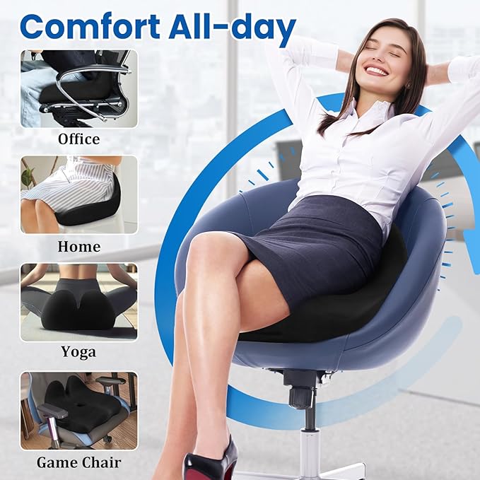 CushZone Seat Cushion, Memory Foam Office Chair Seat Cushion for Office Chairs/Car/Long Trip/Desk Chair/Gaming, X-Large Size for Sciatica & Hip & Tailbone Pain Relief, Sciatica Support (Black)