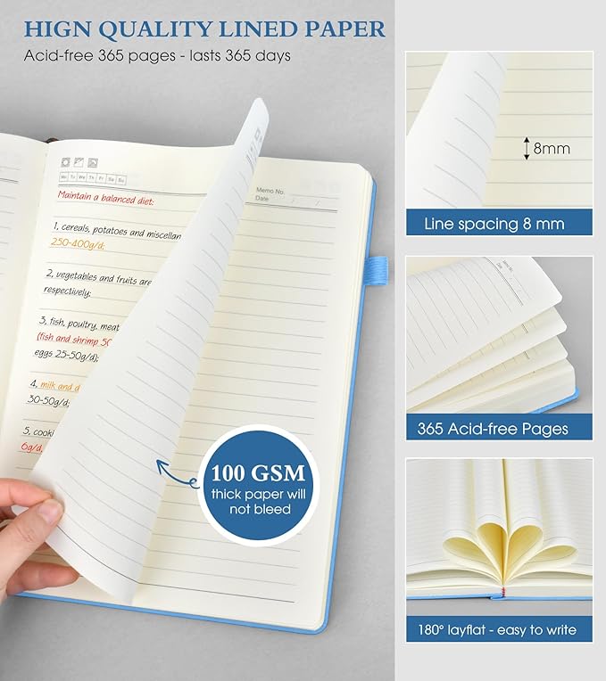 PERCUN B5 Lined Journal Notebook - 365 Page Large Leather Journals for Writing Women Men，Hardcover Notebook with 100Gsm Thick Pages，Daily Diary for Travel, Work，School，College Ruled (7.6" x 10.3")