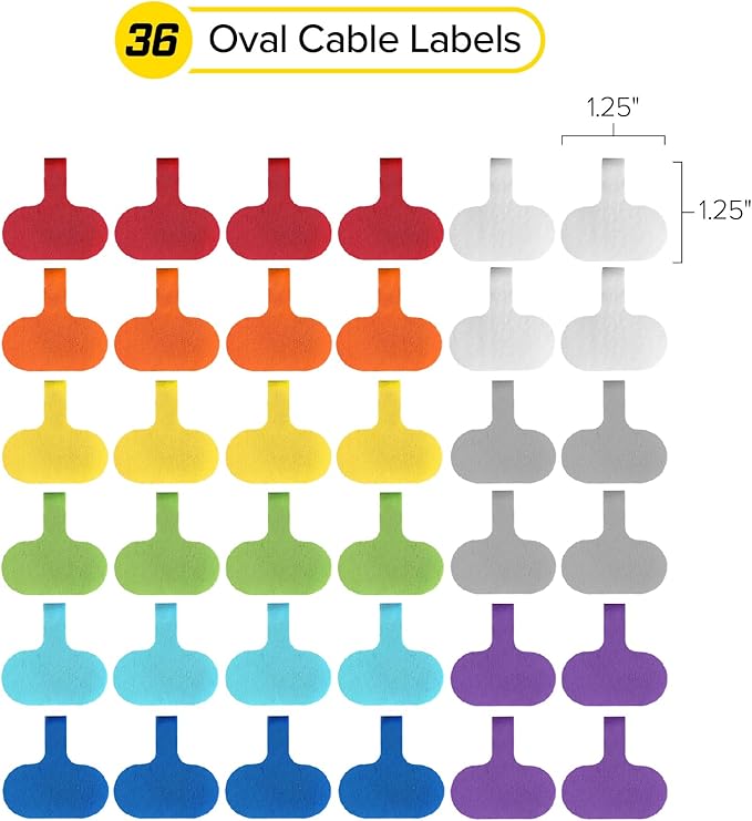 Wrap-It Storage - Cable Labels - Oval, Multi-Color (36 Pack) - Write-On Wire Tags for Cord Identification with Power Strips Behind Desks and TVs