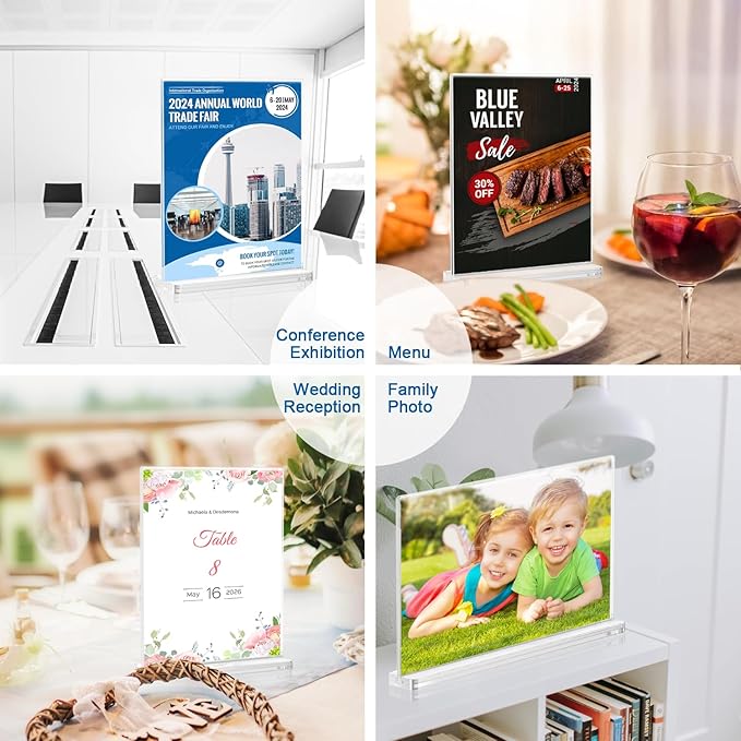 BlueValley Acrylic Sign Holder 8.5x11 Vertical - 12 Pack Double Sided Clear Plastic Table top Paper Display Stand for Menu, Flyer, Document, Poster - Standing Sign Holder for Office, Retail, Catering, Show Fair