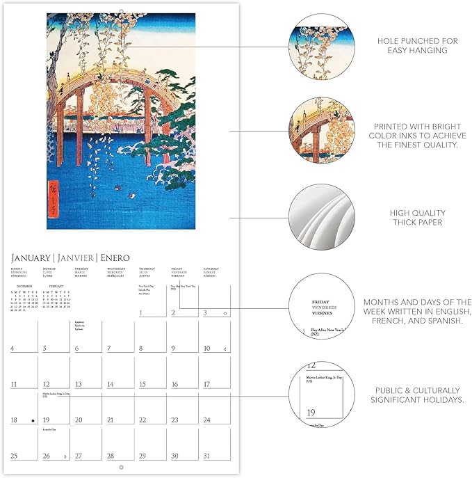 Graphique 2026 Japanese Art Collection Wall Calendar | 12” x 12” | Thick Paper | Home & Office Organizer | Large Monthly Grid | 3 Languages & Marked Holidays | 4 Month Preview Page for 2027