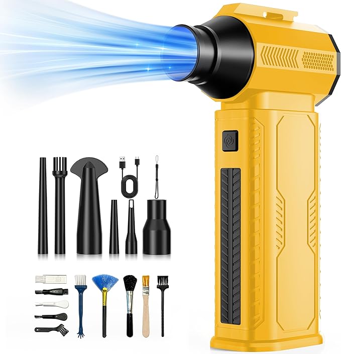 ZOAIVR Compressed Air Duster, 130,000RPM Ultra-Powerful Cordless Electric Air Duster with 8000mAh Rechargeable Battery, 4-Gear Adjustable Air Blower for Keyboard, Computer, Car, Home Cleaning - Yellow