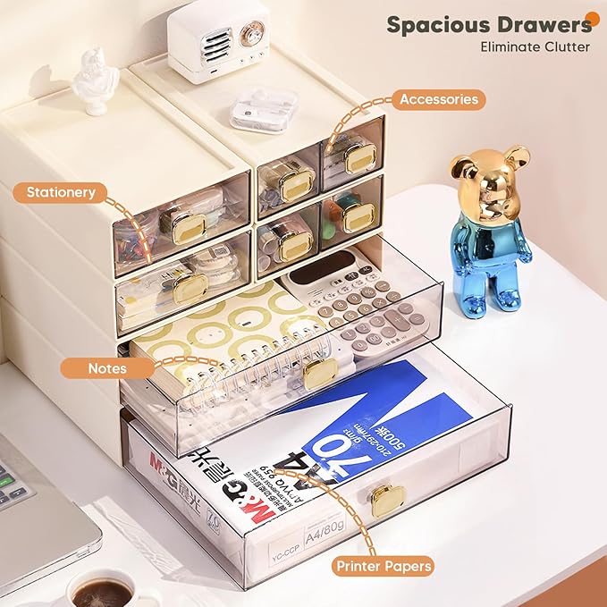 DETEIN 2PACK Stackable Desktop Storage Organizer Plastic Desk Organizer with Drawer Stacking Drawer for Home, Makeup, Vanity, Garage,Office, and Small Organization(M - 2 Drawer, Cream White)