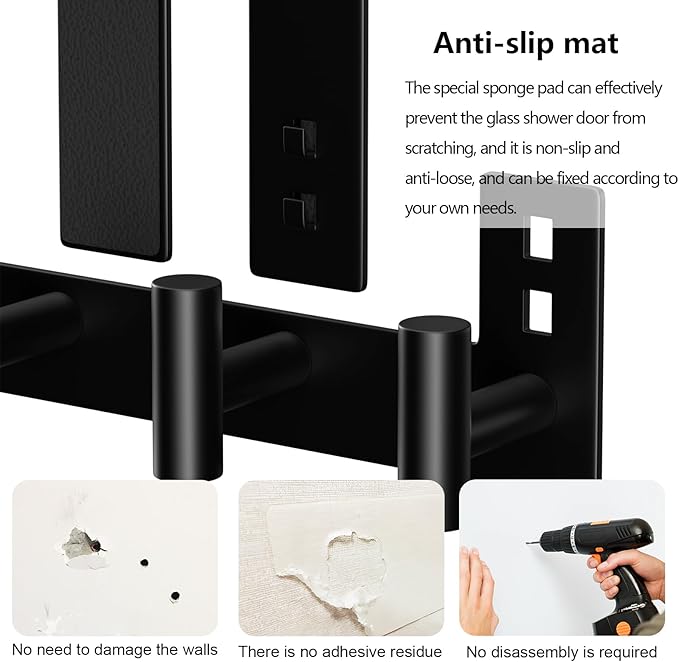 PMMASTO No-Drill Extra Long Shower Hooks, Fits 3/8" Thick Door, Heavy Duty Stainless Steel Towel Hooks for Frameless Glass Shower Door, Holds Bathrobe Towel (Black, 4 T-Hooks)