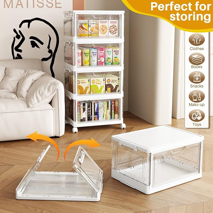 SNSLXH Portable Clear Storage Bins with Lids & Wheels, 24QT Clear Storage Bins with Lids, 4-Tier Plastic Bins with Wheels, Stackable, Magnetic Doors, for Bedroom, Living Room, Office